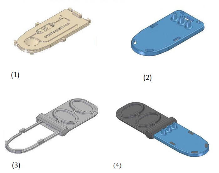 Fig. 2: Parts are formed and assembled in the injection molding machine on display (1 and 2) and subsequently overmolded in the downstream injection molding machine (3); finally, the finished part is removed and deposited (4). Photo by Wittmann-Group