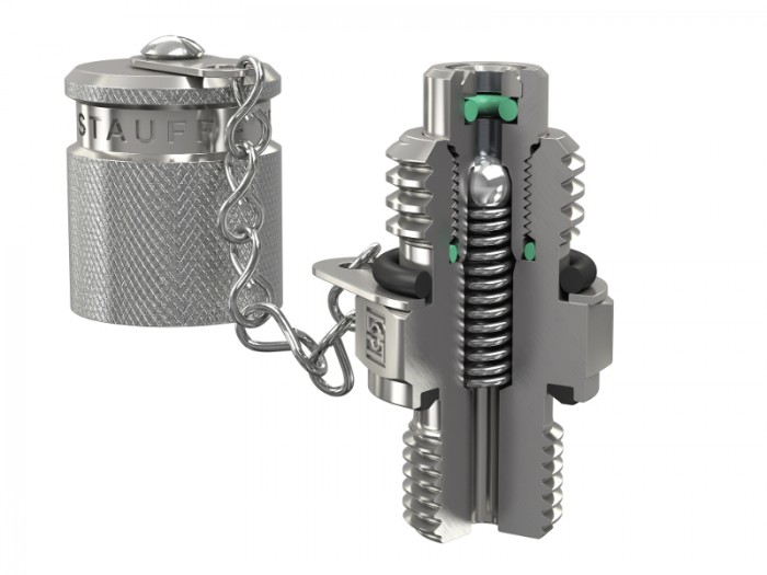 Cross section of a male stud test coupling SMK with integrated ball valve from the Stauff Test 20 range Photo by Walter Stauffenberg GmbH & Co. KG