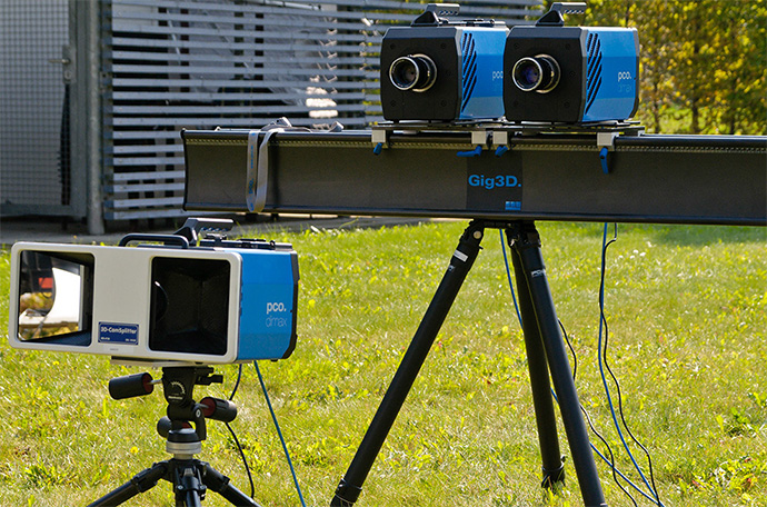 Two different stereo 2D set-ups with pco.dimax highspeed cameras. In front there is a mirror set-up, where two images are recorded in the same image sensor side-by-side. While the set-up on a stereo bar behind uses two synchronized pco.dimax highspeed cameras to record stereo images at higher resolutions.