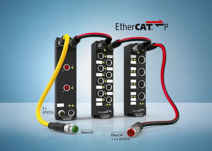Three examples of the wide range of EtherCAT P I/O products with IP 67 protection: EtherCAT junction, digital input box (8-channel) and analog input box (4-channel) for ±10V/0…20 mA.Photo by Beckhoff Automation GmbH