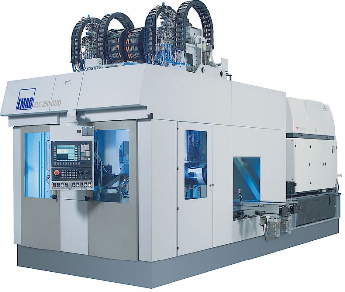 The ELC 250 DUO – a compact laser production center for machining differential housings. The duo version of the ELC has twin spindles. This two-station mode allows the working spindles to be loaded and unloaded during the machining time.Photo by EMAG Holding GmbH