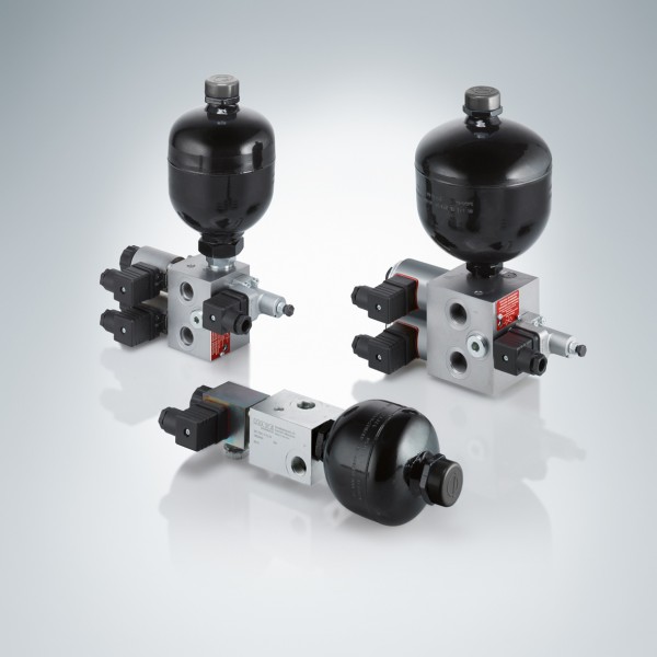 HAWE Hydraulik valve blocks in three different sizes for the “tool release” function with pressure accumulator and pressure switch.Photo by HAWE Hydraulik SE