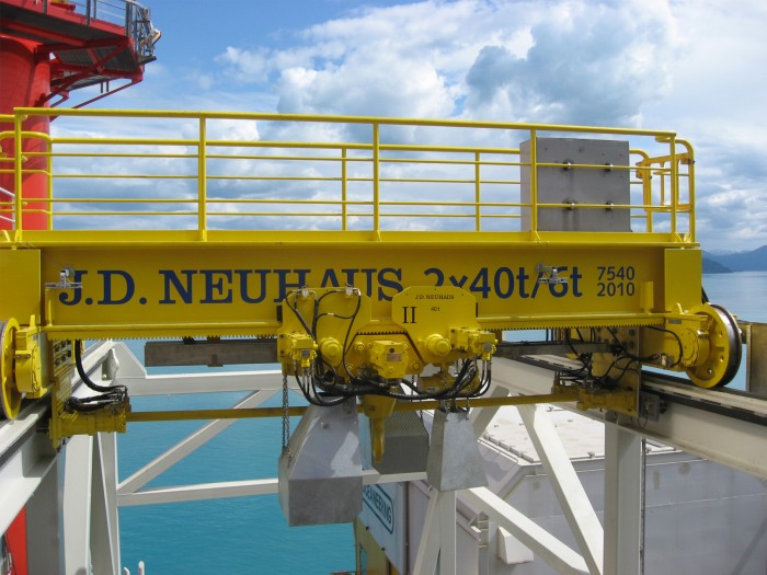 A customised, explosion protected 80 tonne lift capacity crane as supplied by J D Neuhaus for use on an offshore rig.Photo by J.D. NEUHAUS GmbH & Co. KG