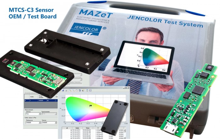 The OEM Sensor Baord MTCS-C3 with USB interface for color measurements based on CIE1931 can be used as stand-alone USB color sensor. Customers can simply place it into their own environment and casing to implement the system as customer-specific colorimeter. The system is prepared for customer calibration and can be delivered directly with specific presets from MAZeT.Photo by MAZeT GmbH