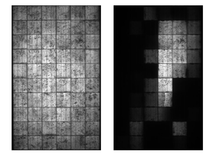 EL images before (left) and after (right) the PID test of a standard multi crystalline PV module. Dark cells represent PID susceptible cells.