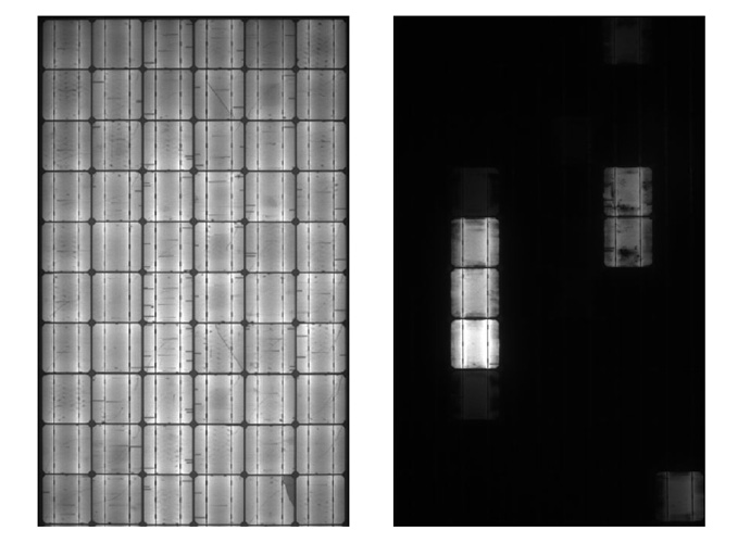 Before (left) and after (right) images of a monocrystalline PV module.